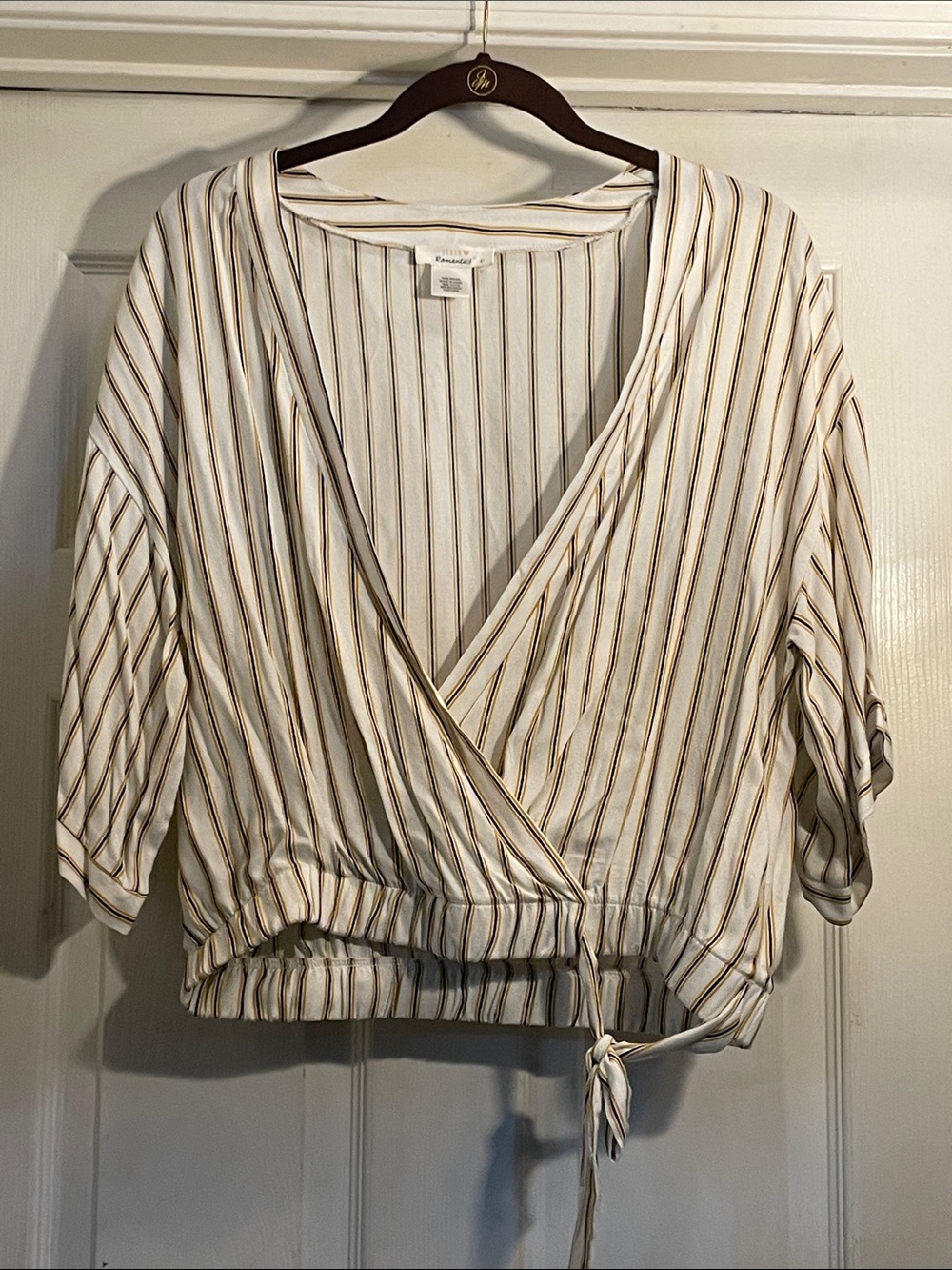 Pleione Cream Blouse with Brown and Black Pinstripes